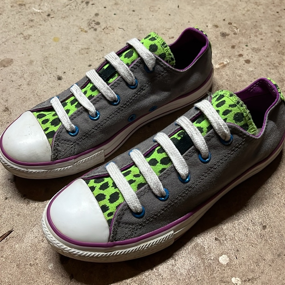 Converse All Star Shoes Gray Neon Animal Print Double Tongue Junior Size 3